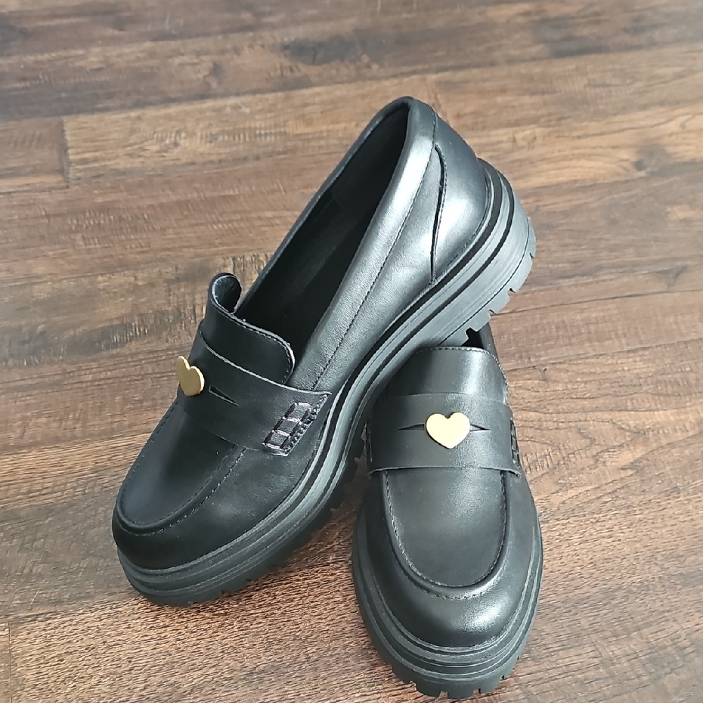 Black Loafers with Heart Detail